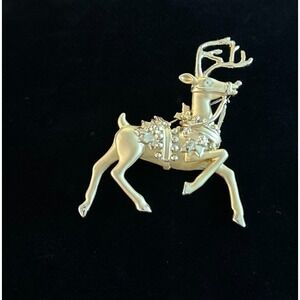 Vintage Reindeer Textured Brushed Gold tone Christmas Brooch‎ Pin 3 in Large